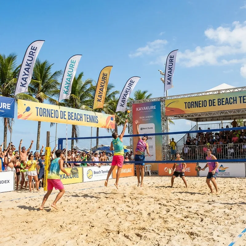 Atletas jogando beach tennis em circuito patrocinado pela Kayakure